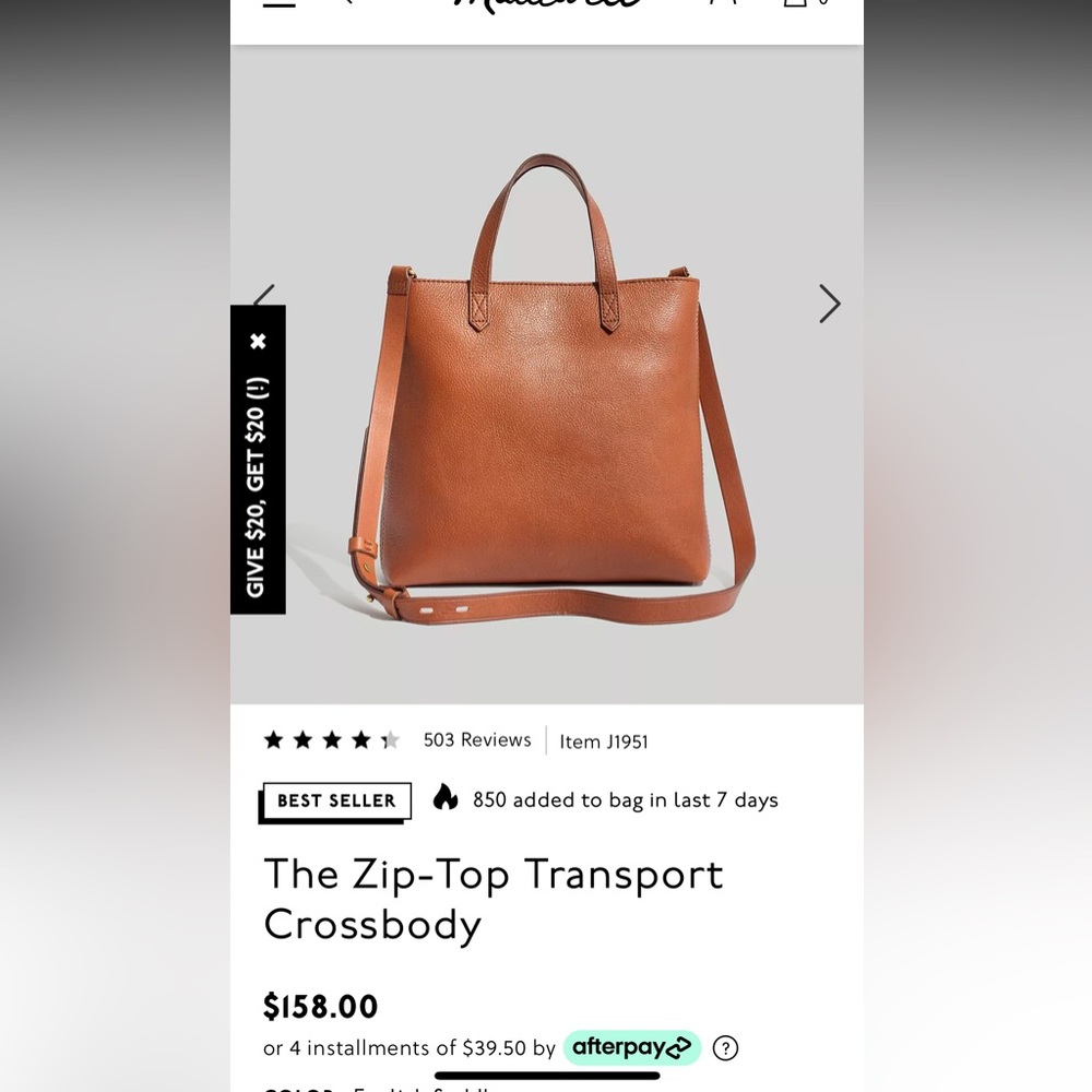 Madewell The Zip-Top Transport Crossbody bag in English suede. Great condition